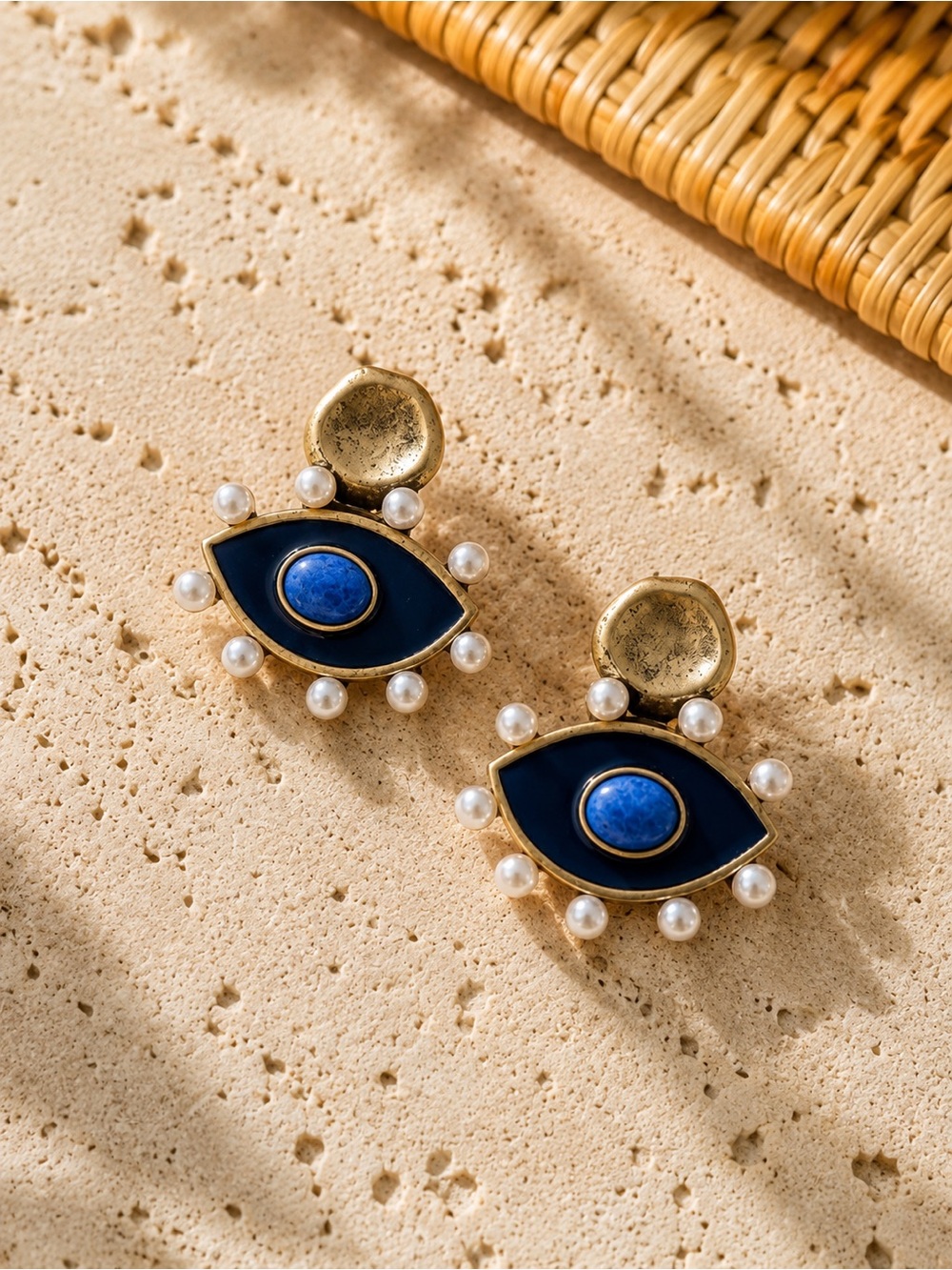 Blue Evil Eye Pearl Gold Statement Stud Earrings Boho Coastal